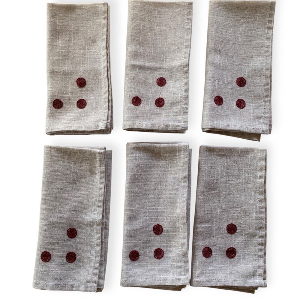 Set of 6 Fabric Napkins Embroidered Burgundy Circles Dots